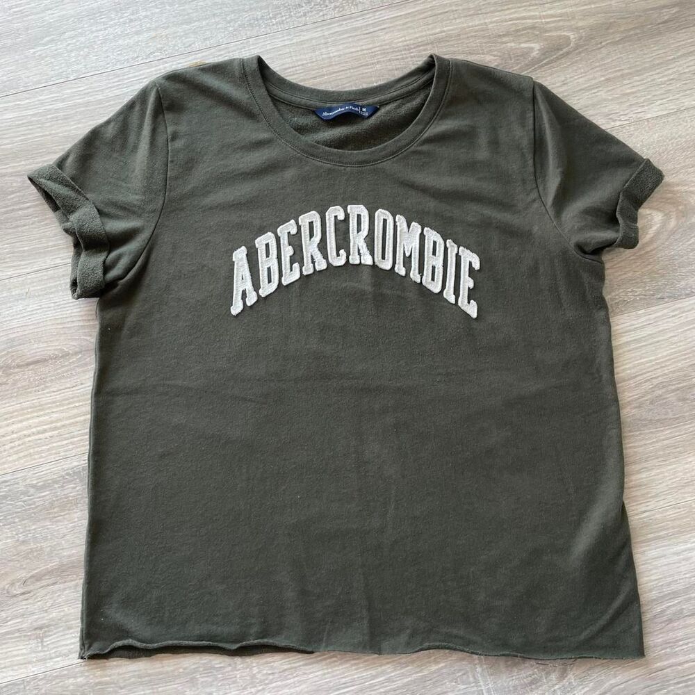 Abercrombie Fitch Green and Cream Logo Shirt Top Casual Y2K Retro 90's Grunge